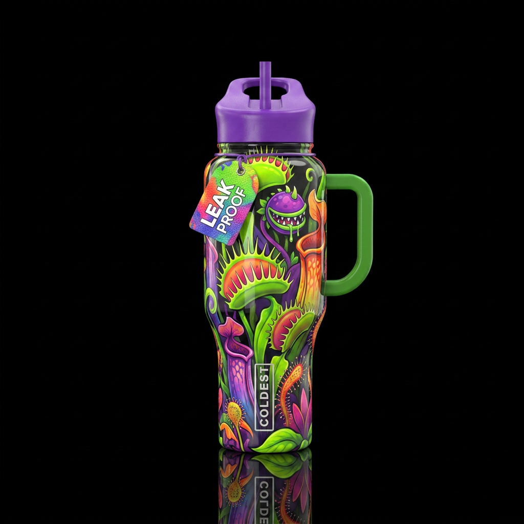 , glossy, realism, trompe-l'œil ,, vibrant,flamboy... water bottle design