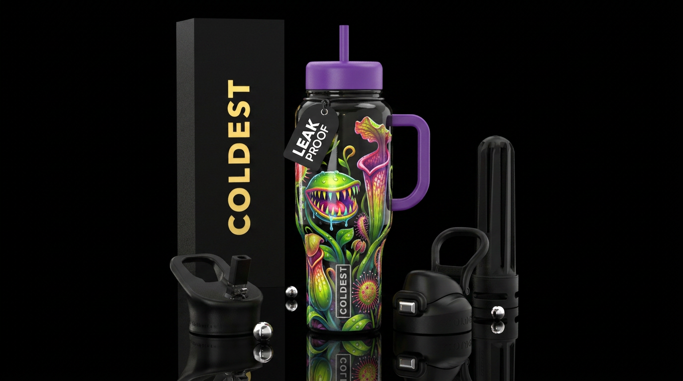 , glossy, realism, trompe-l'œil ,, vibrant,flamboy... water bottle design