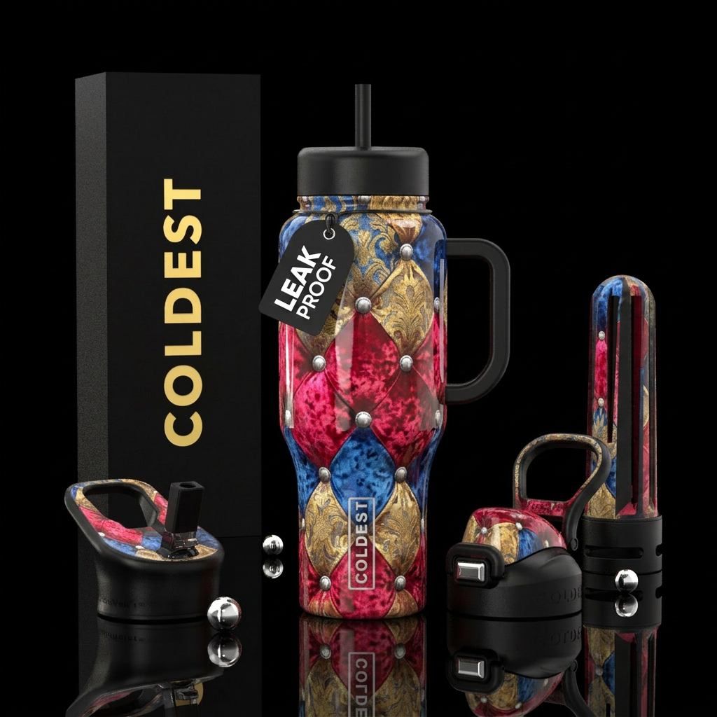 Ottoman foot stool, glossy, trompe-l'œil water bottle design