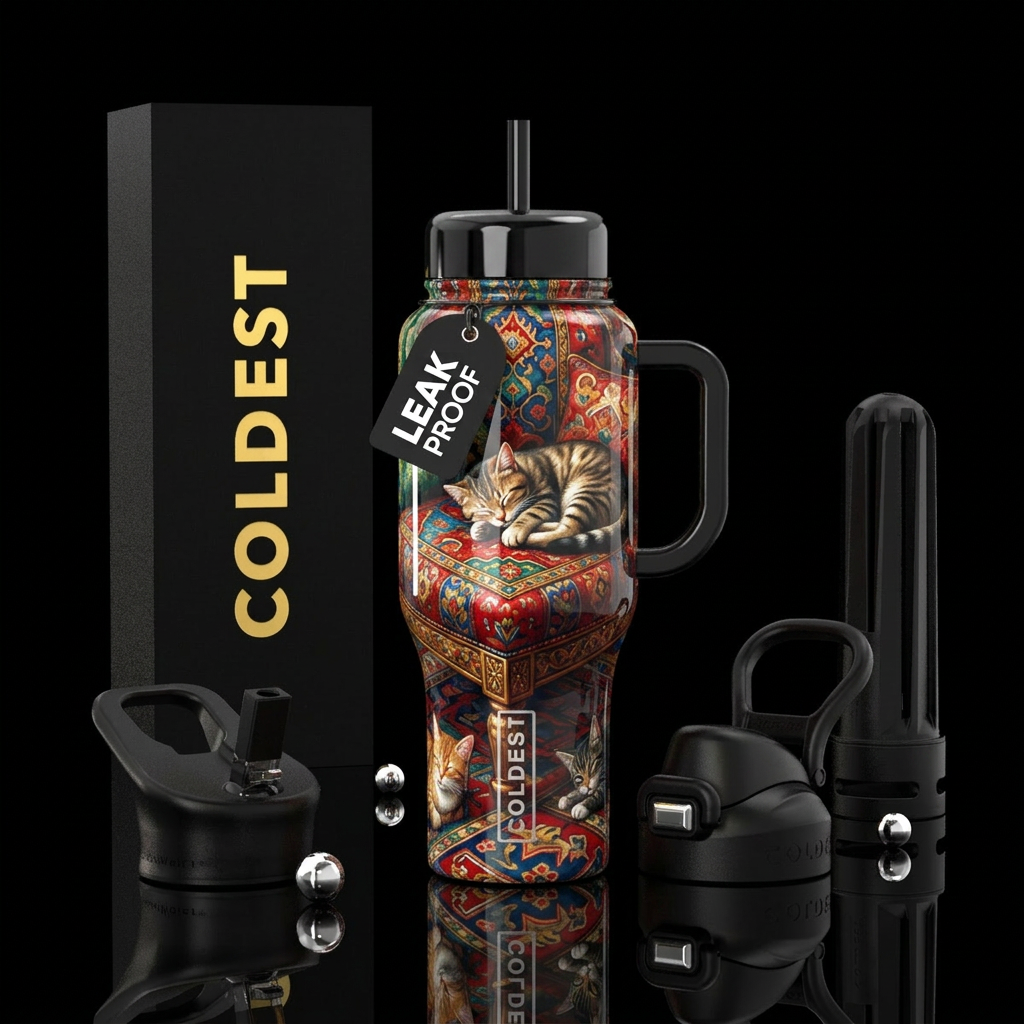 Ottoman foot stool cats, glossy, trompe-l'œil water bottle design