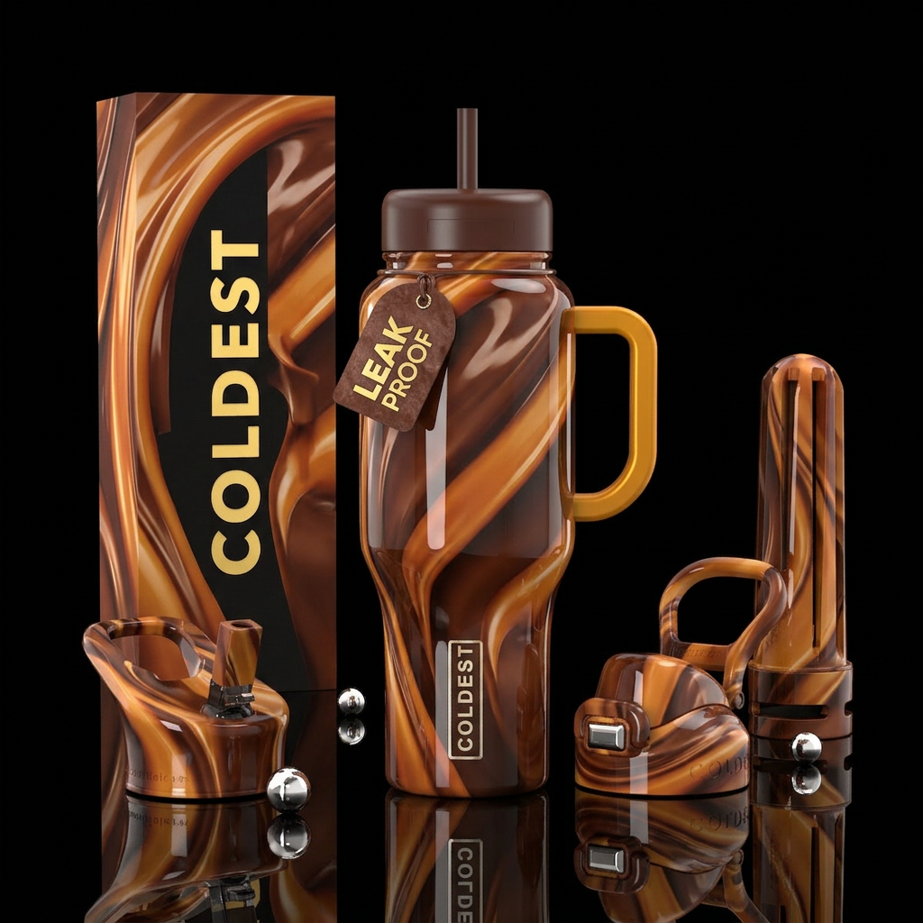 Ribbons of chocolate and caramel, glossy,trompe-l'... water bottle design