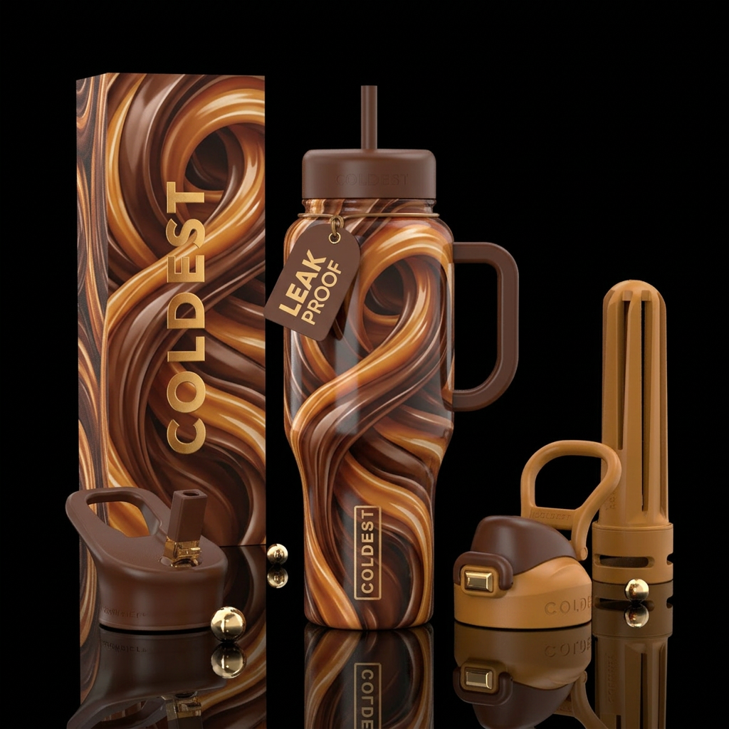 Ribbons of chocolate and caramel, glossy,trompe-l'... water bottle design