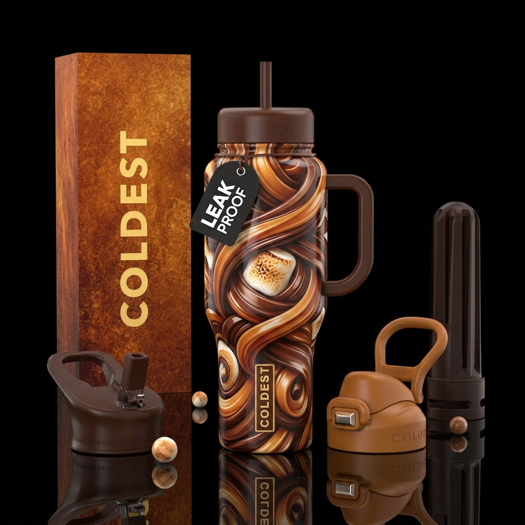 Ribbons of chocolate and caramel, glossy,trompe-l'... water bottle design