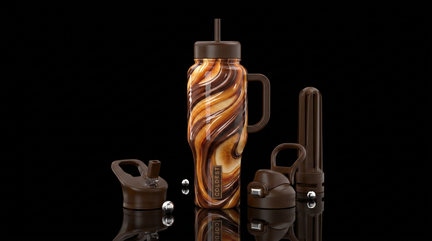 Ribbons of chocolate and caramel, glossy,trompe-l'... water bottle design
