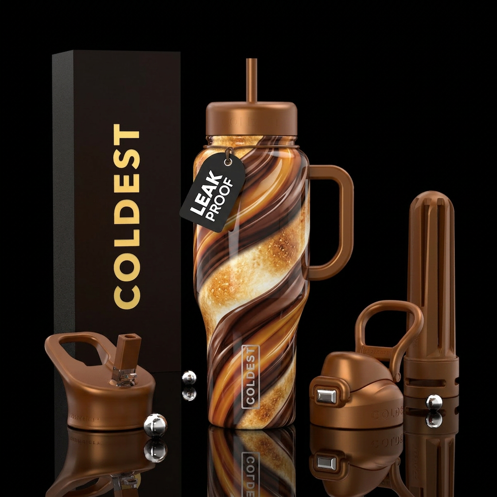 Ribbons of chocolate and caramel, glossy,trompe-l'... water bottle design