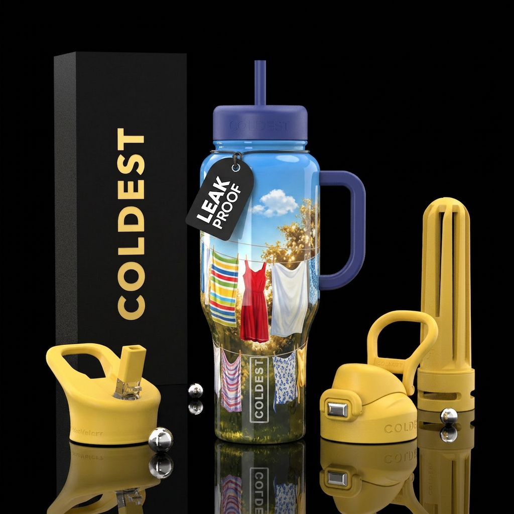 Laundry hanging outside to dry,sunny day,glossy, t... water bottle design
