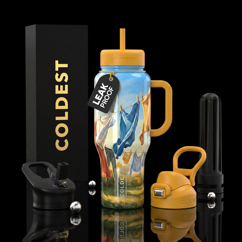 Laundry hanging outside to dry,sunny day,glossy, t... water bottle design