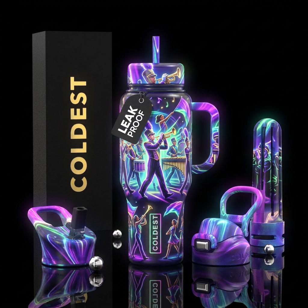 Marching band,glossy, trompe-l'œil, glowie water bottle design