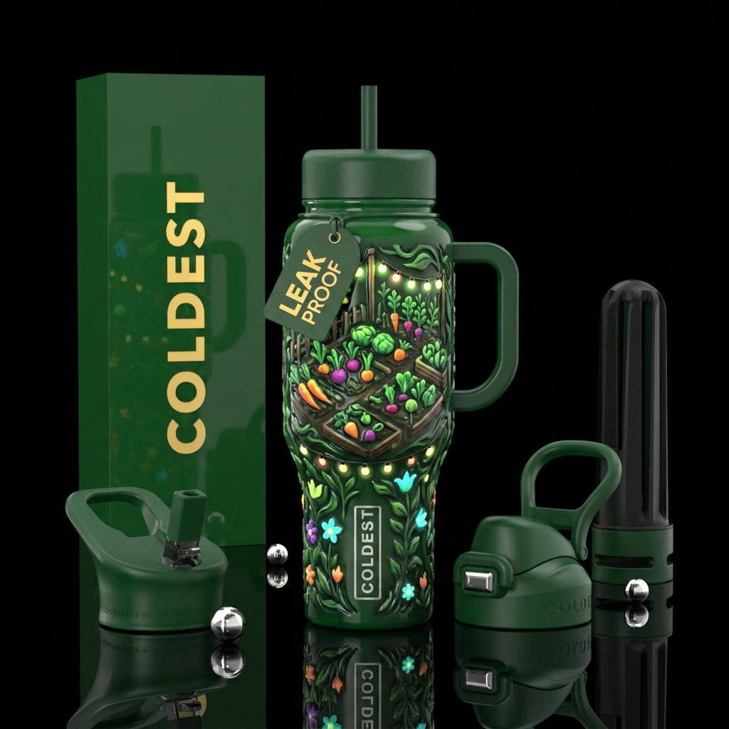 Community garden,glossy, trompe-l'œil, glowie water bottle design