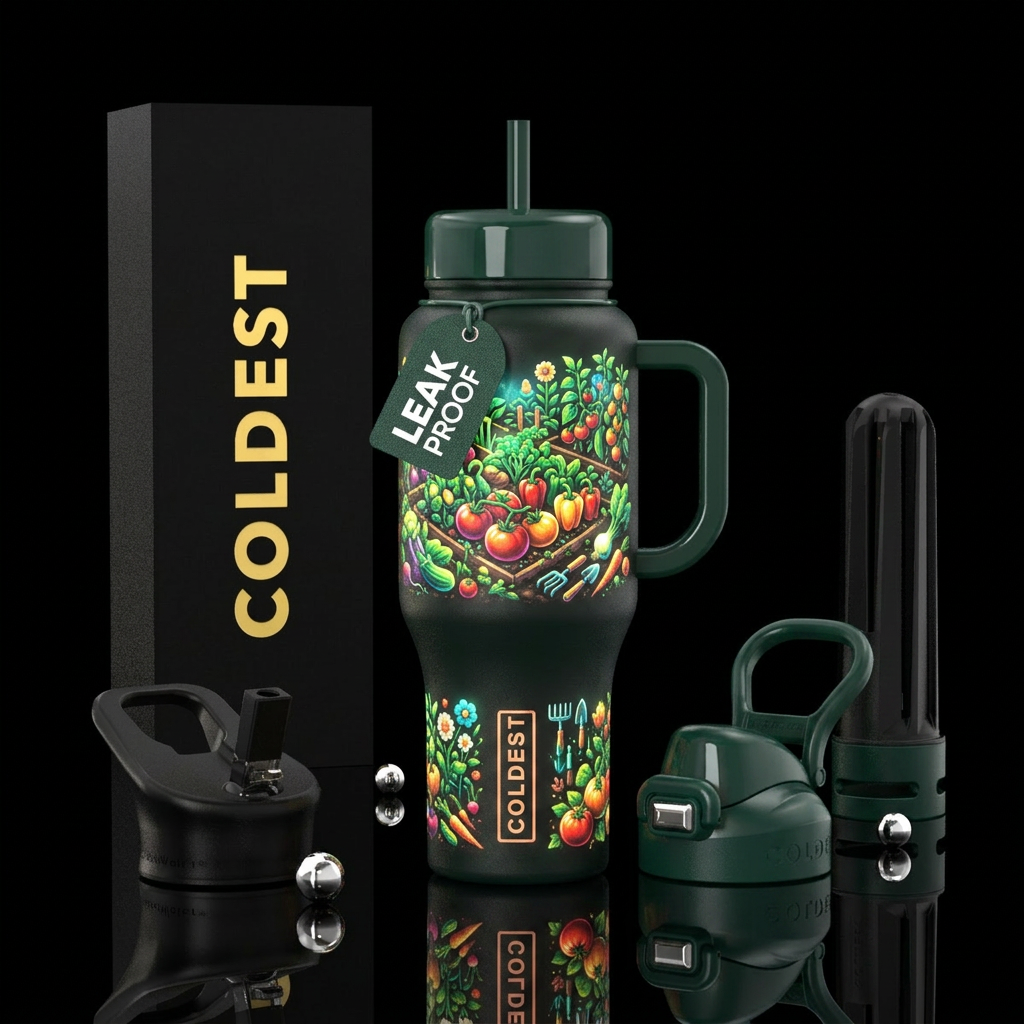 Community garden,glossy, trompe-l'œil, glowie water bottle design