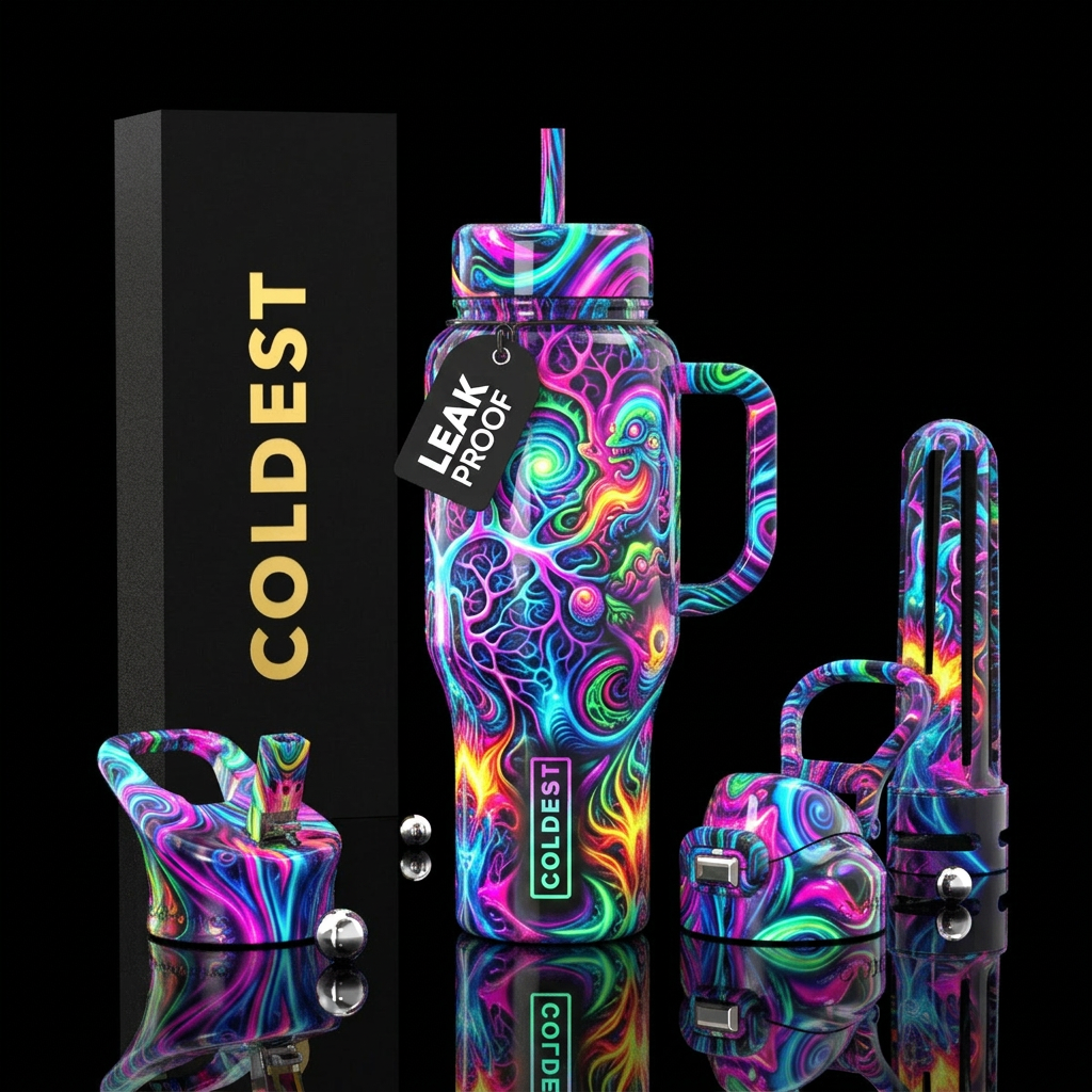 Insanity, crazy,glossy, glowie, trompe-l'œil water bottle design