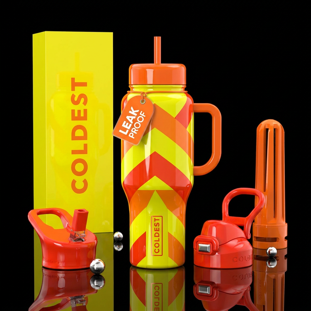 Safety colors,glossy, trompe-l'œil water bottle design