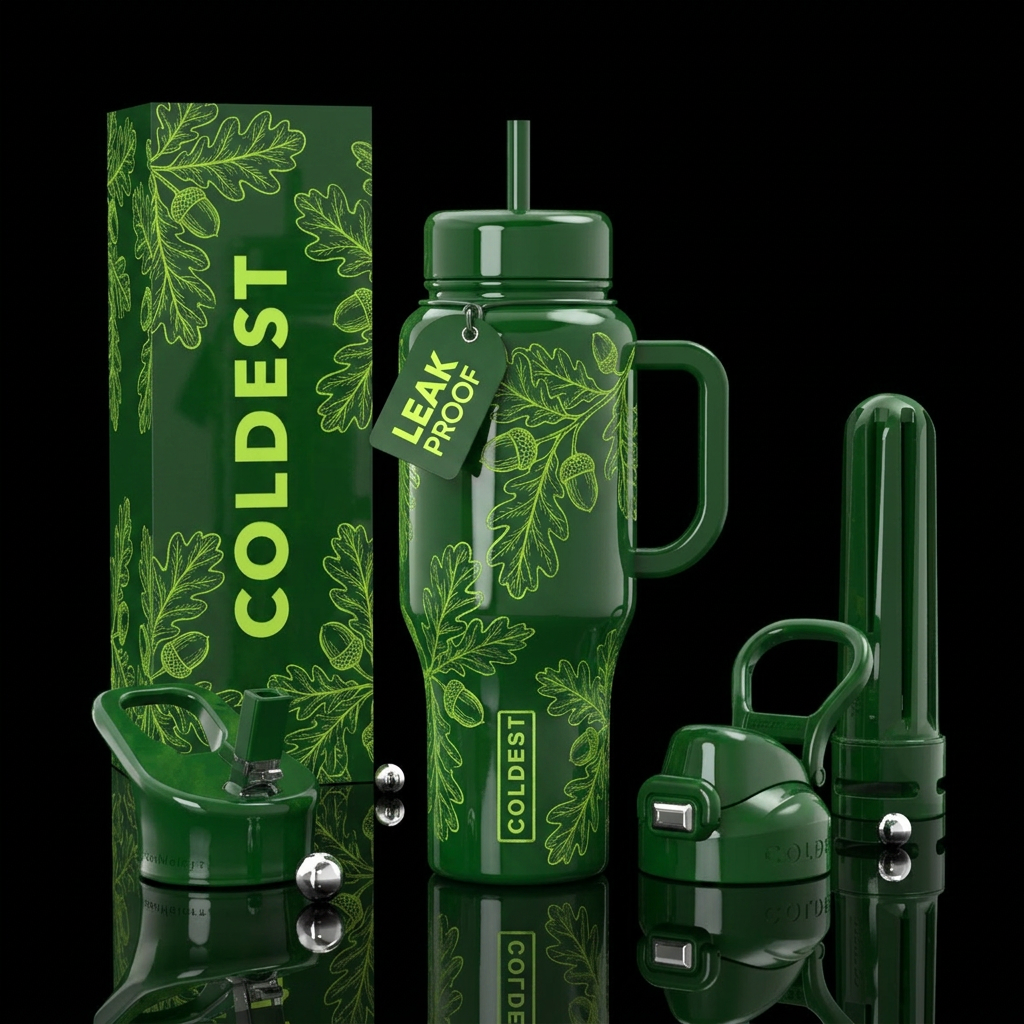 Hunter green background with greenish yellow etchi... water bottle design