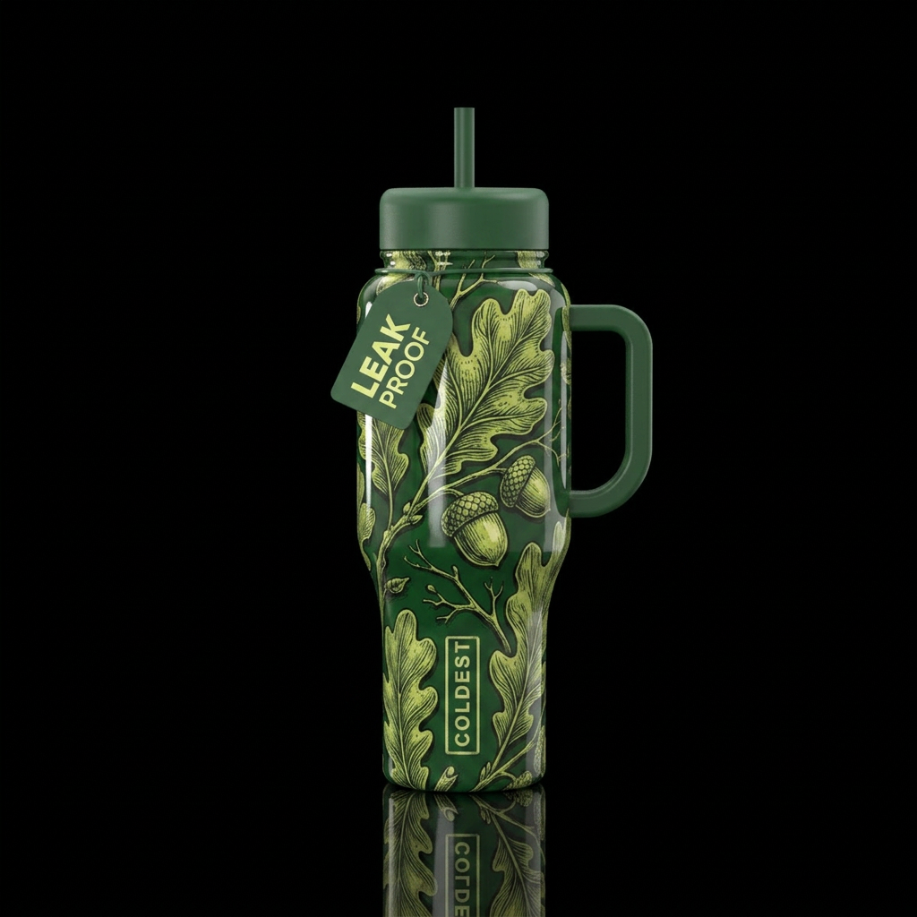 Hunter green background with greenish yellow etchi... water bottle design