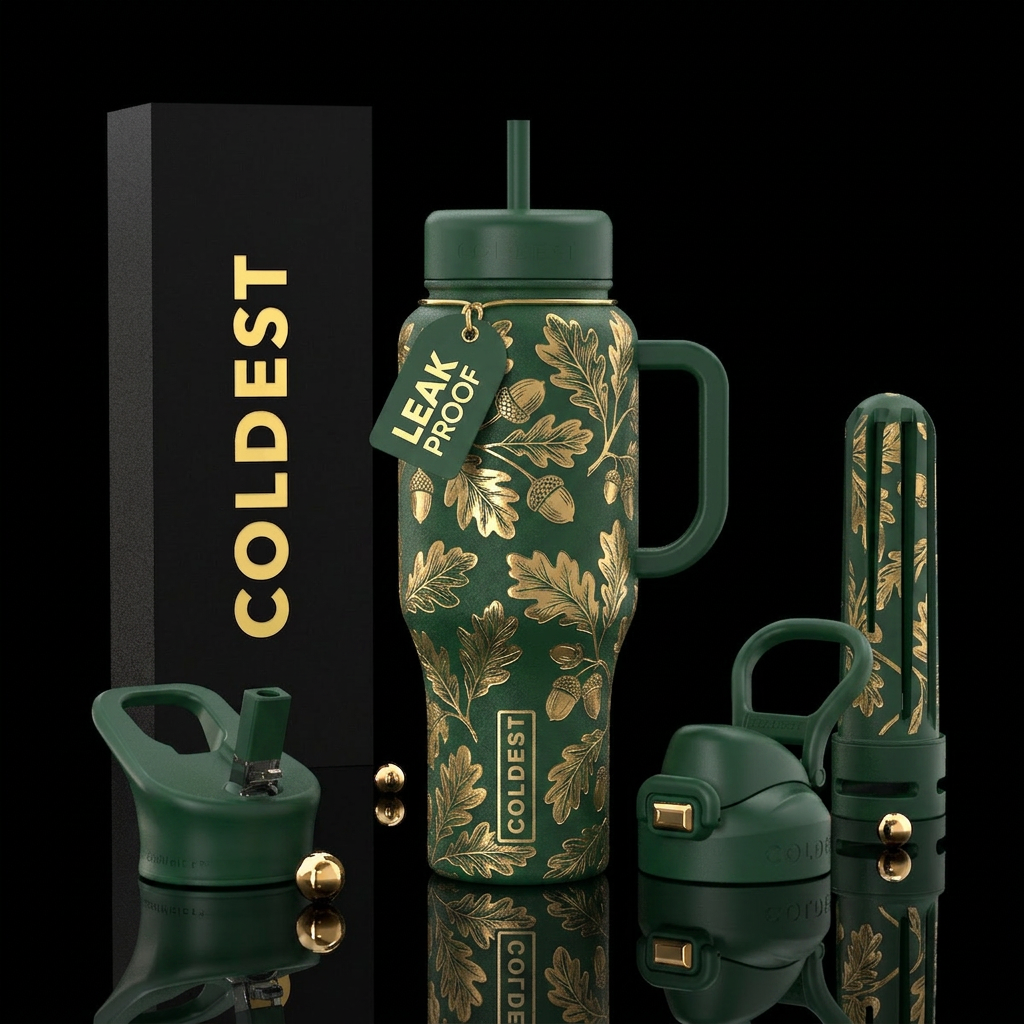 Hunter green background with gold etching of oak l... water bottle design