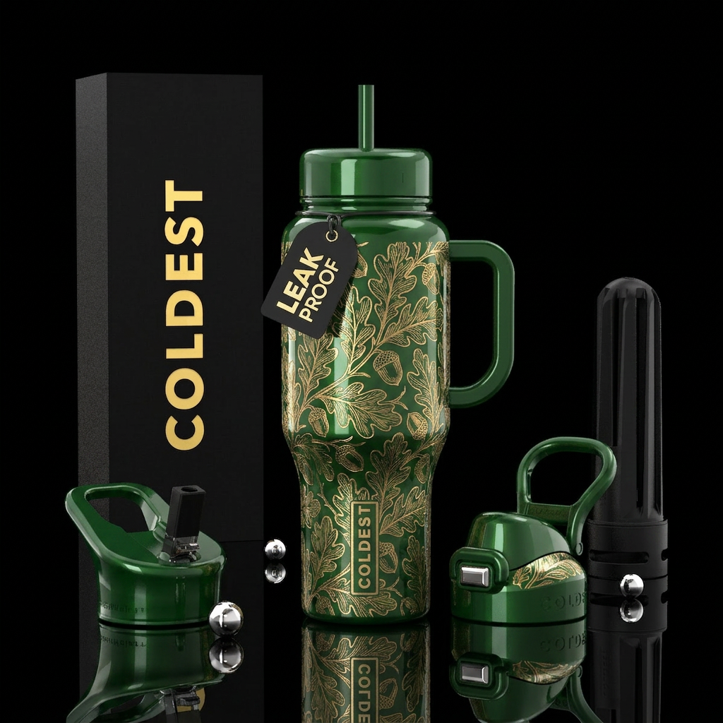 Hunter green background with gold etching of oak l... water bottle design