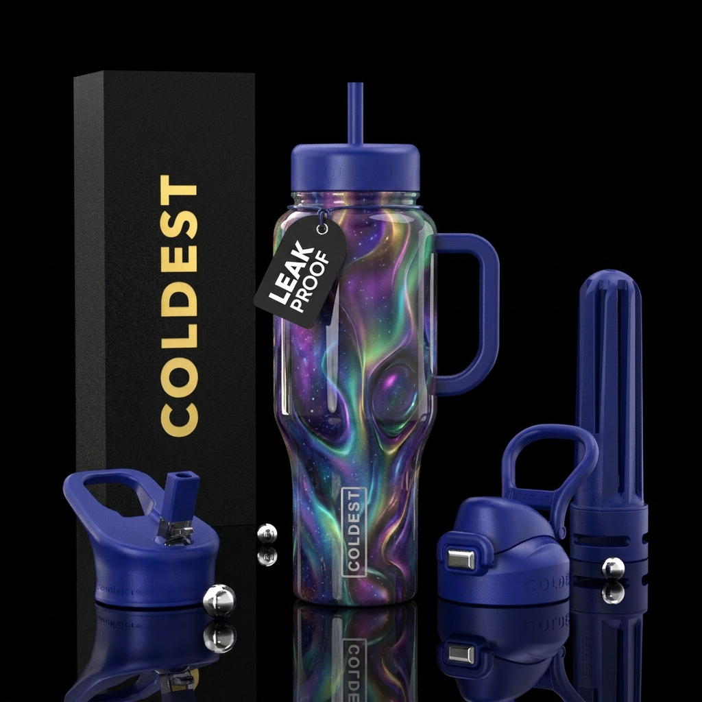 Quantum aurora, glossy, trompe-l'œil, whimsical, c... water bottle design