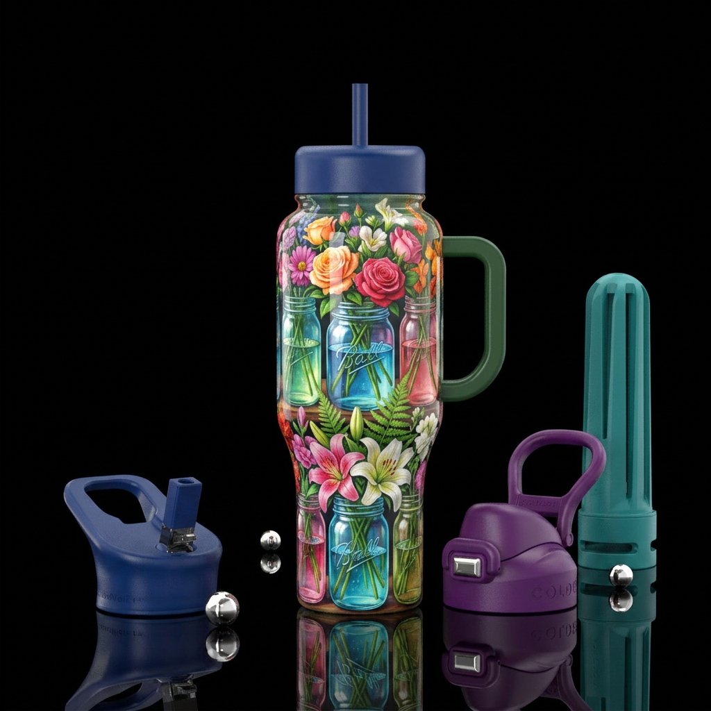 Mason jars with cut flowers, glossy, trompe-l'œil water bottle design