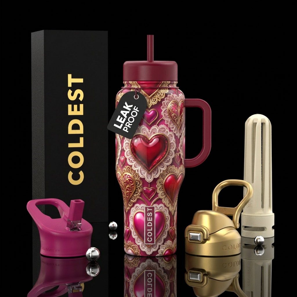 Hearts with frilly around them, glossy, trompe-l'œ... water bottle design