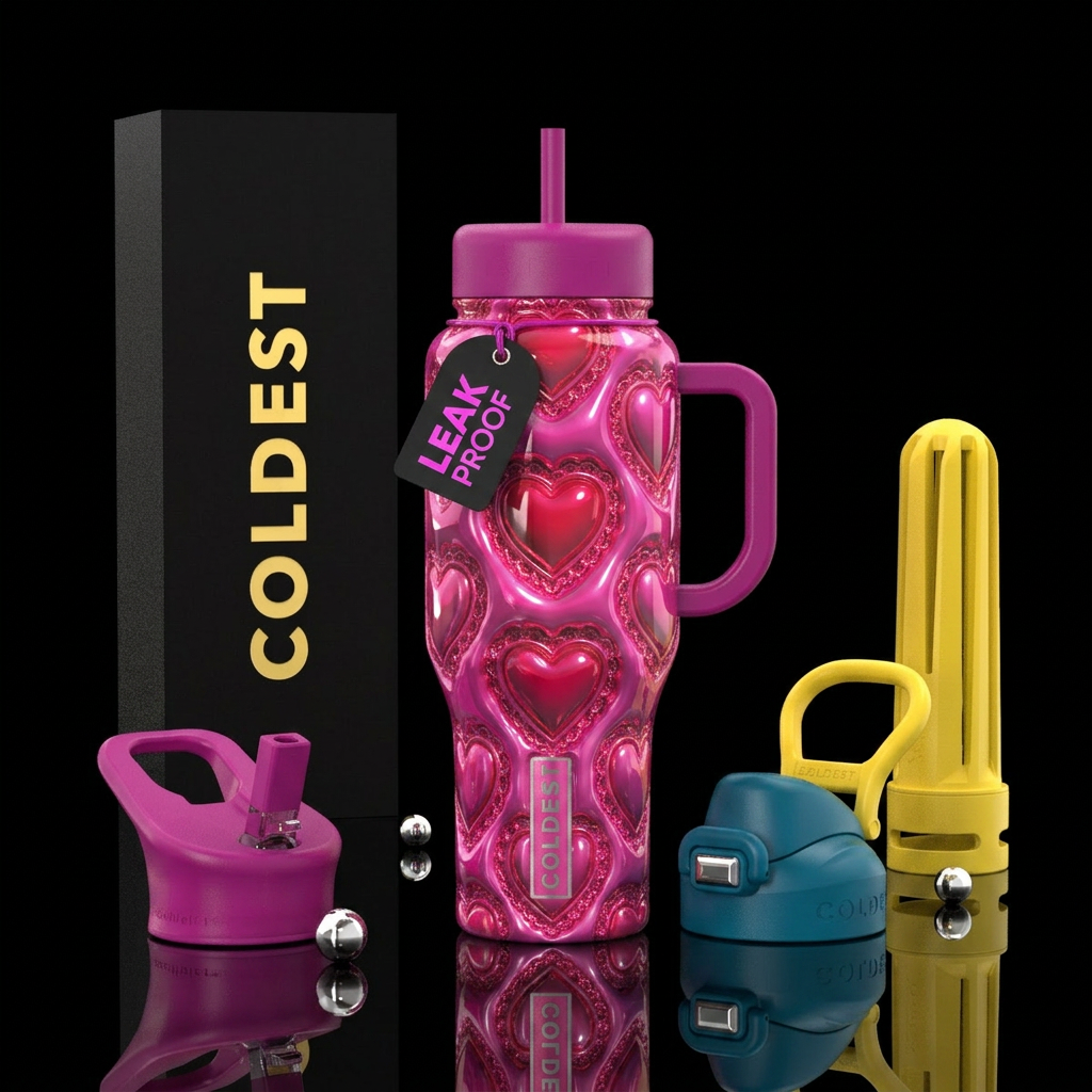 Hearts with frilly around them, glossy, trompe-l'œ... water bottle design