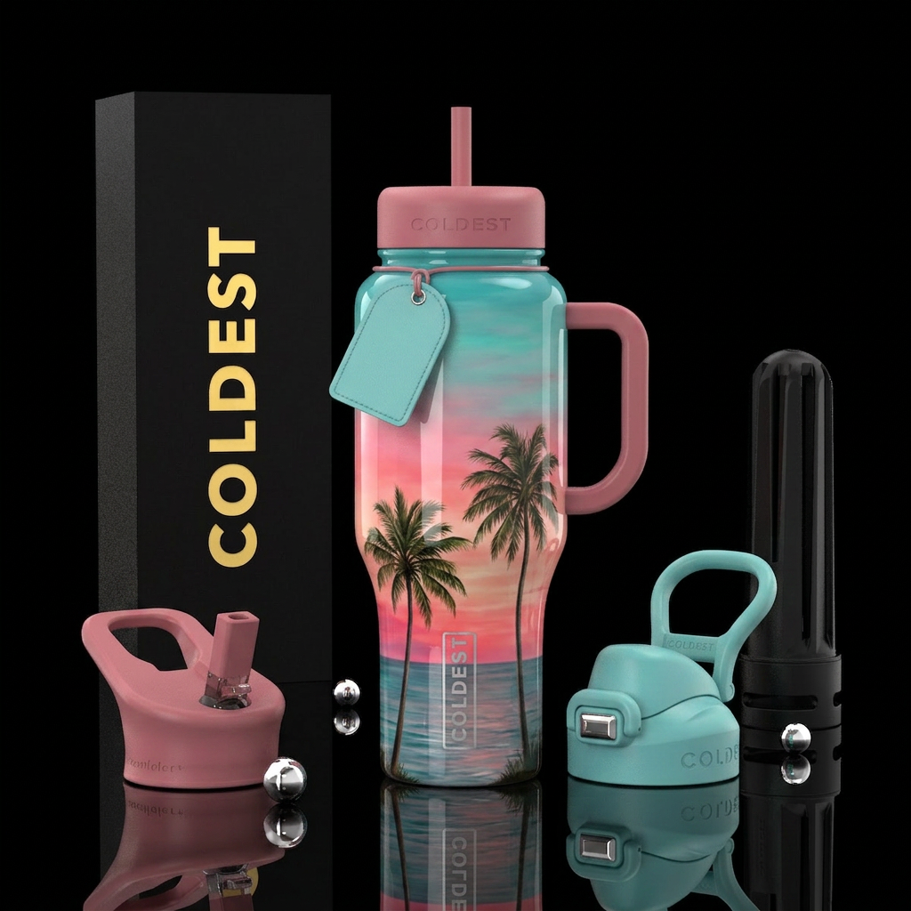 Pink and turquoise colored sunset, 2 palm trees, o... water bottle design
