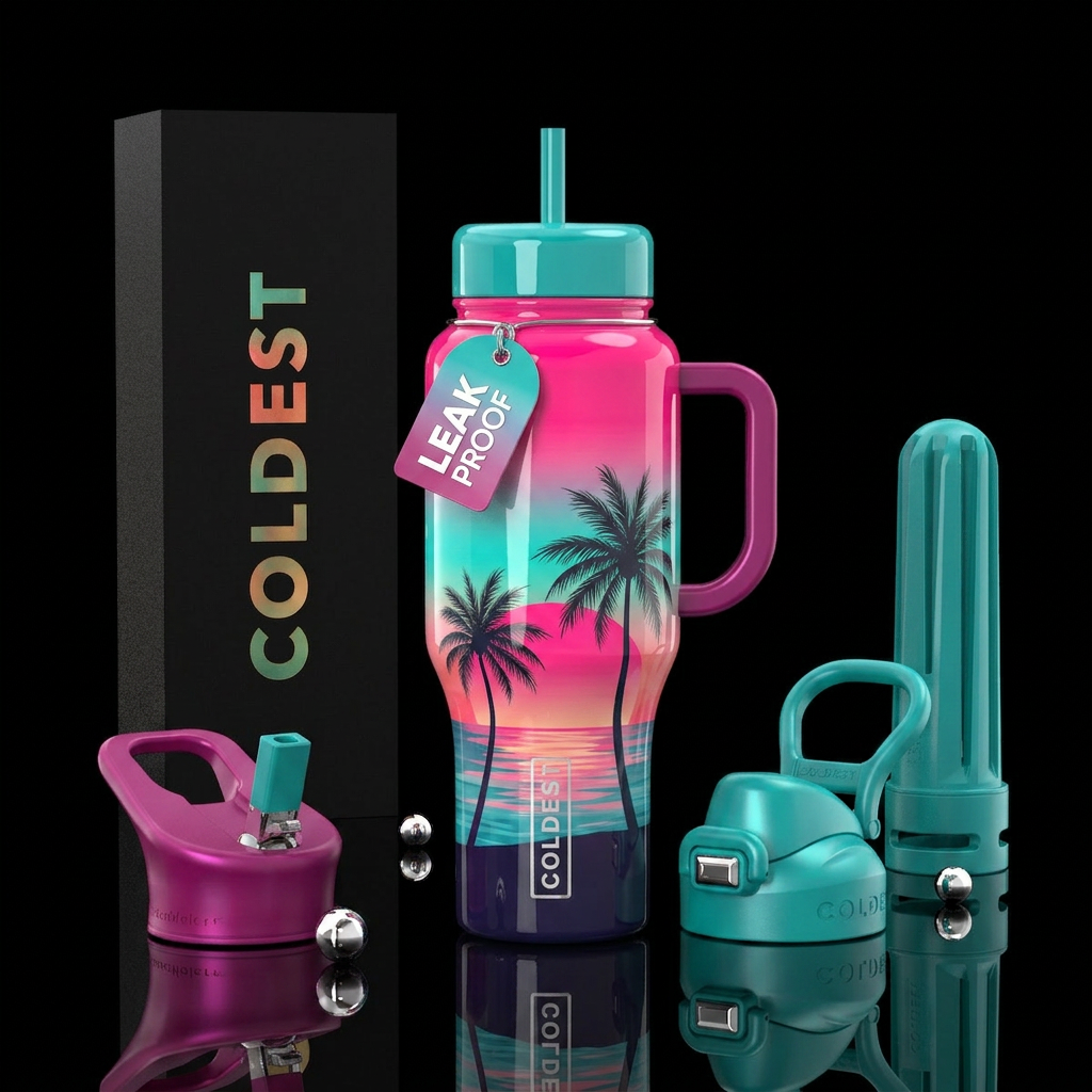 Hot Pink and turquoise colored sunset, 2 palm tree... water bottle design