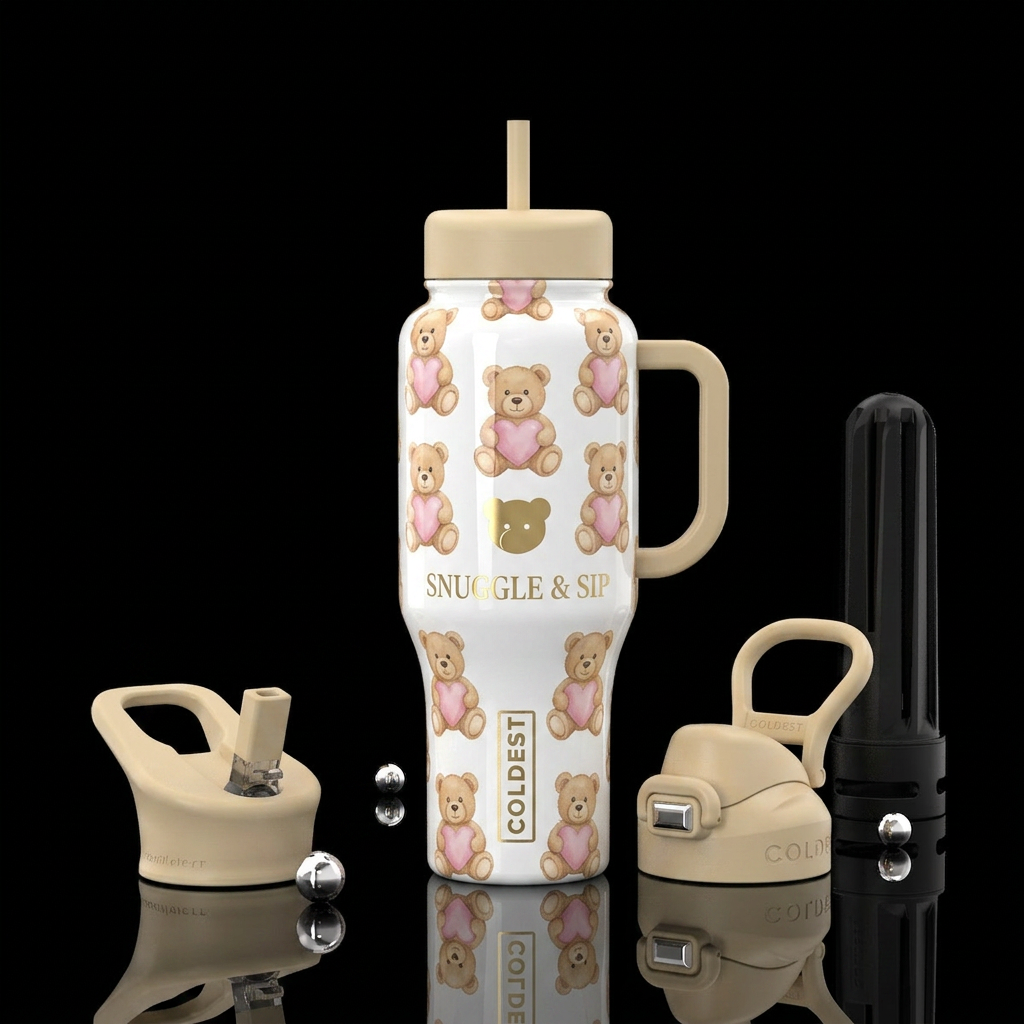 White background, tan stuffed teddy bears holding ... water bottle design