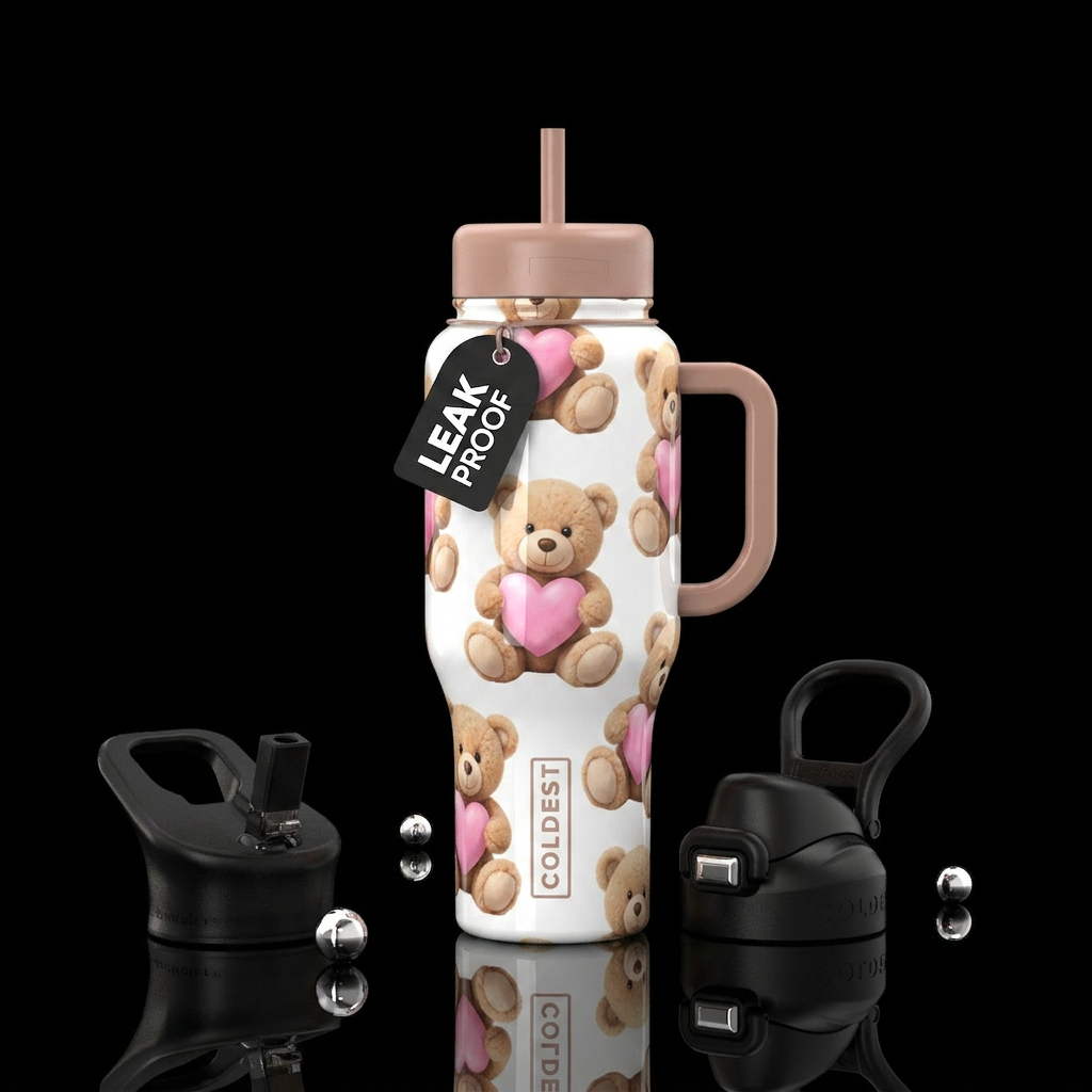 White background, tan stuffed teddy bears holding ... water bottle design