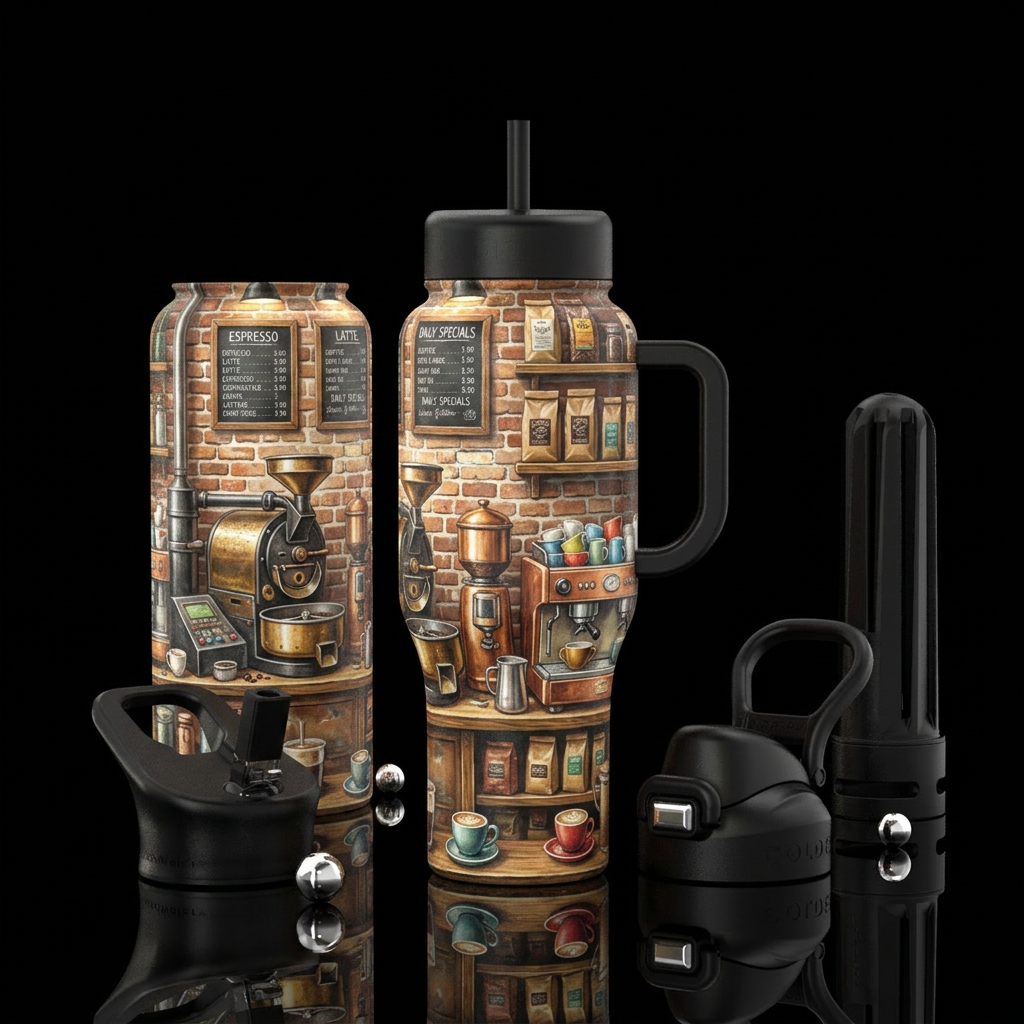 Coffee shop,glossy, trompe-l'œil water bottle design