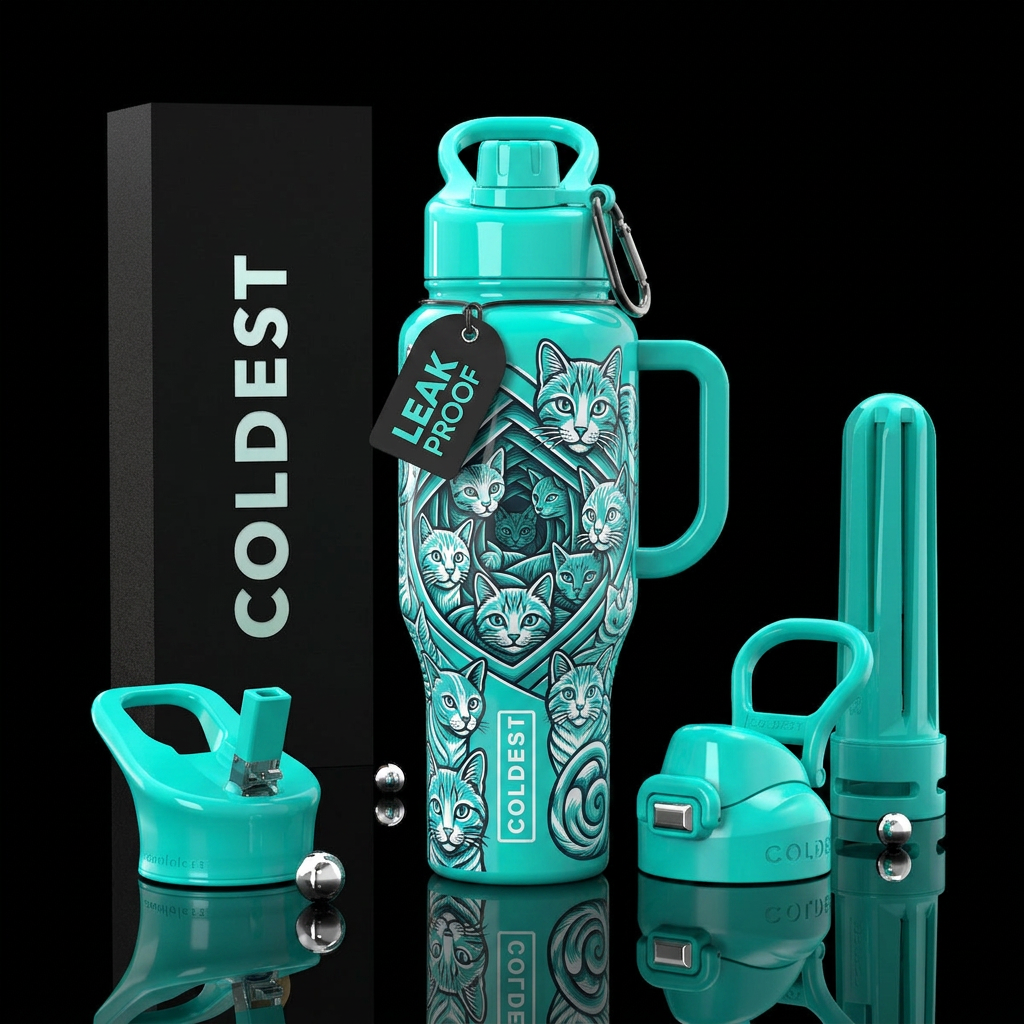 Teal, cats,glossy, trompe-l'œil water bottle design
