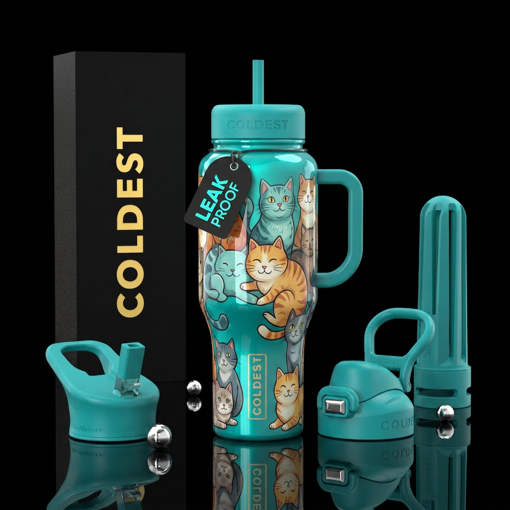 Teal, cats,glossy, trompe-l'œil water bottle design
