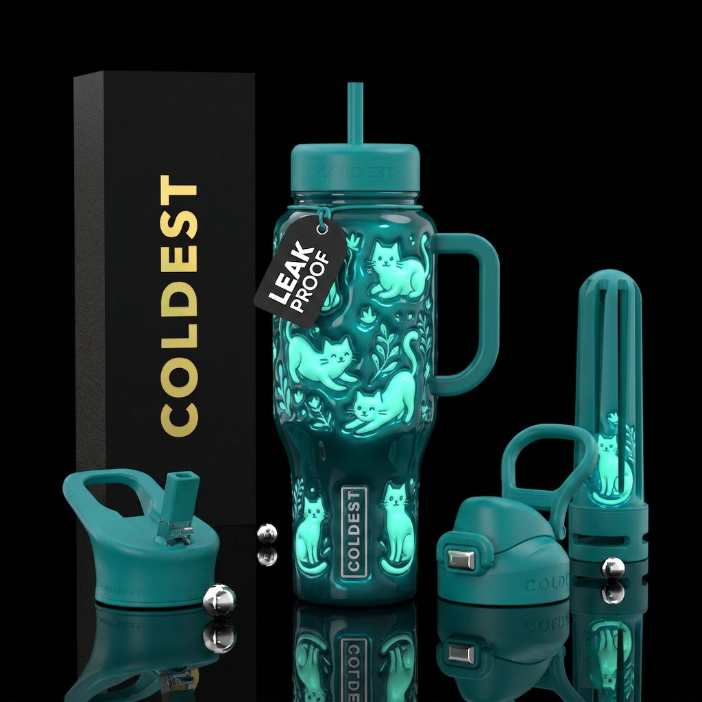 Teal, cats,glossy, trompe-l'œil, whimsical, glowin... water bottle design