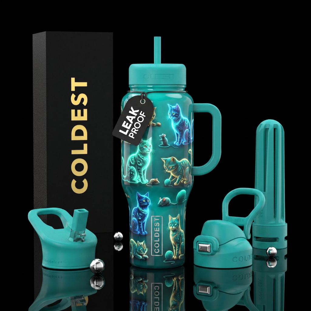 Teal, cats,glossy, trompe-l'œil, whimsical, glowin... water bottle design