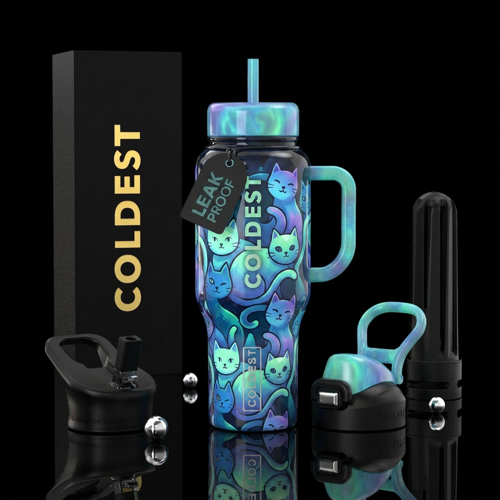 cats,glossy, trompe-l'œil, whimsical, glowing-in-t... water bottle design