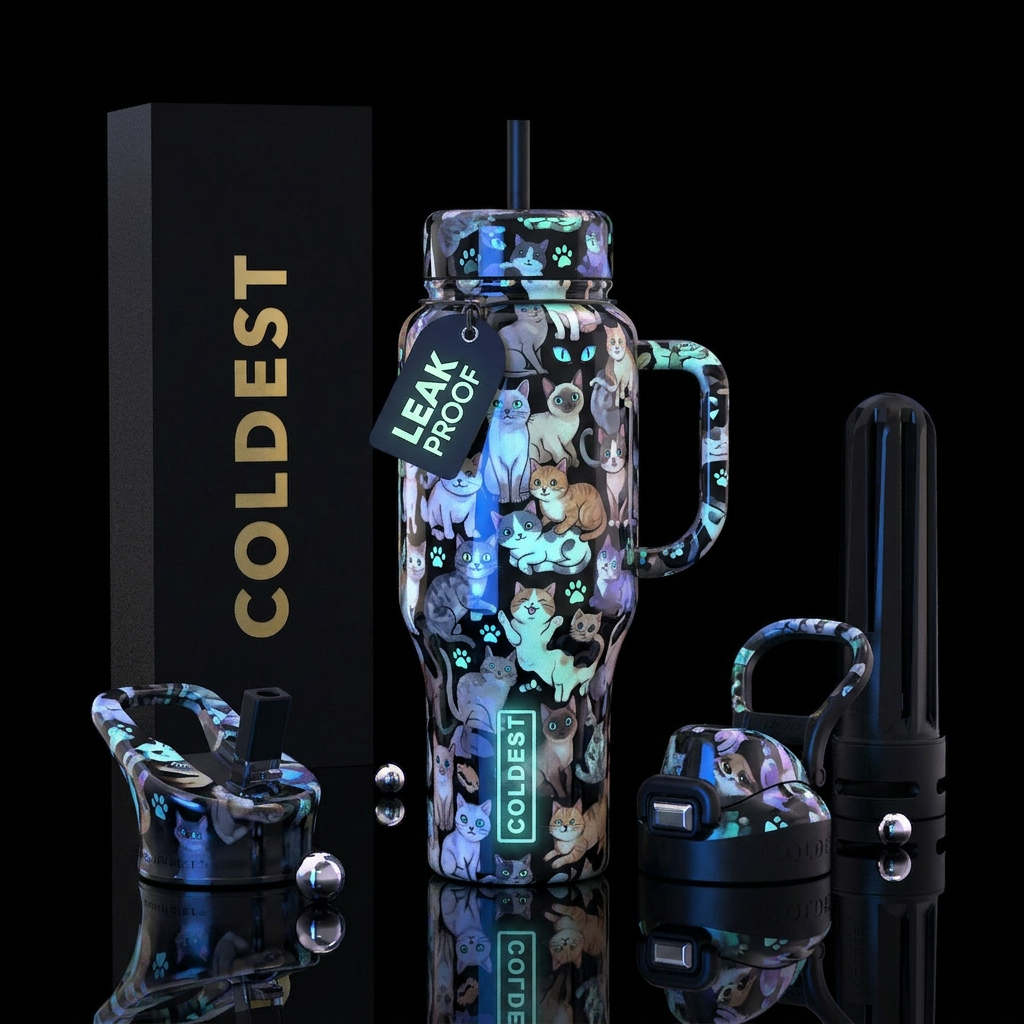 cats,glossy, trompe-l'œil, whimsical, glowing-in-t... water bottle design