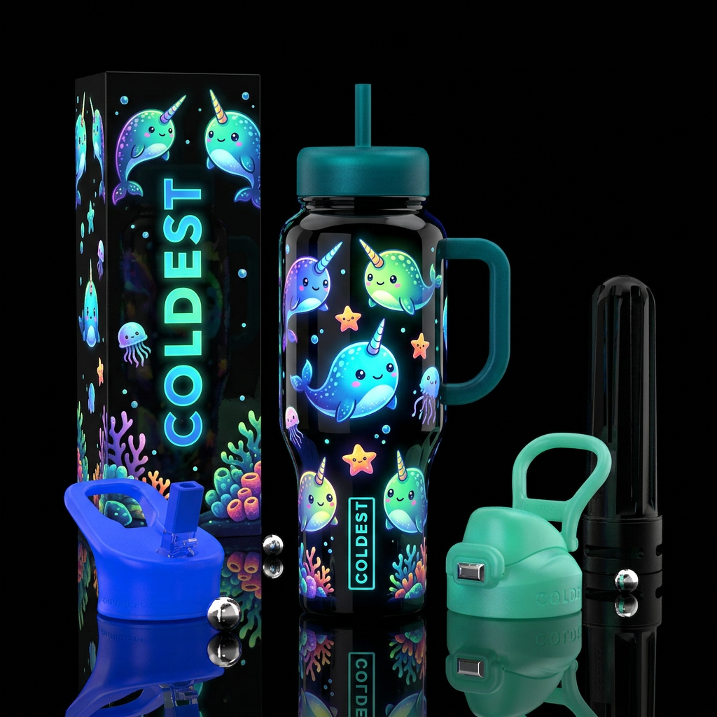The cutest narwhals,glossy, trompe-l'œil, whimsica... water bottle design