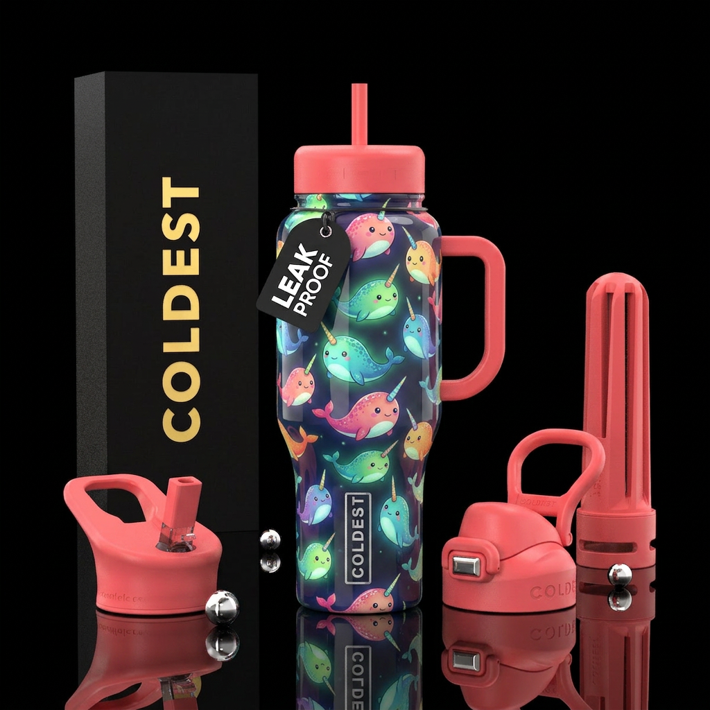 The cutest narwhals,glossy, trompe-l'œil, whimsica... water bottle design