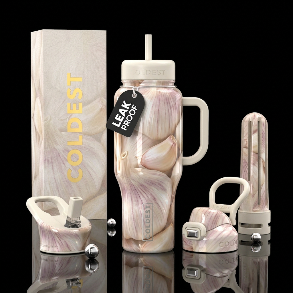 Garlic, glossy, trompe-l'œil water bottle design