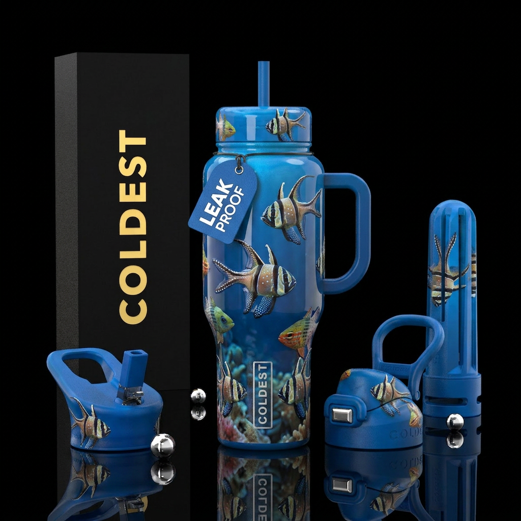 Cardinal fish, saltwater, glossy, trompe-l'œil water bottle design