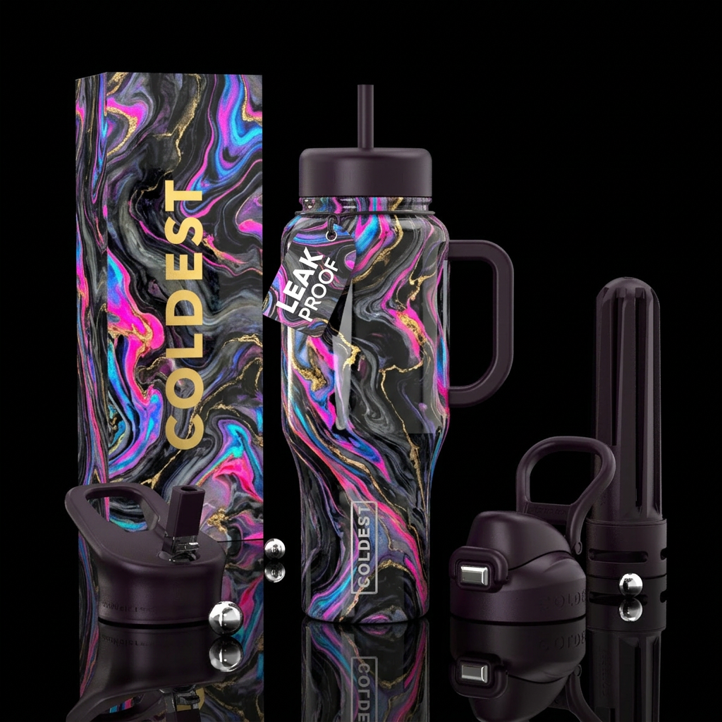 Punk marble,glossy, trompe-l'œil water bottle design