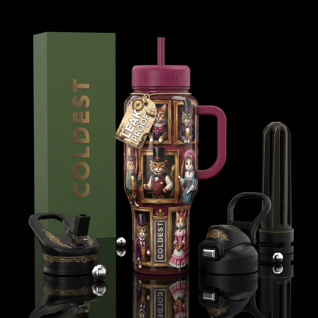 Victorian cats,glossy,trompe-l'œil water bottle design