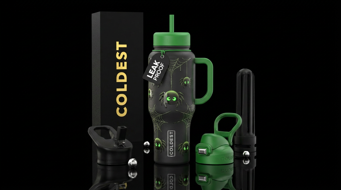 Cute spiders with green glowing eyes hanging from ... water bottle design