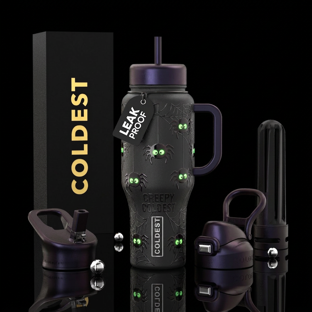 Cute spiders with green glowing eyes hanging from ... water bottle design