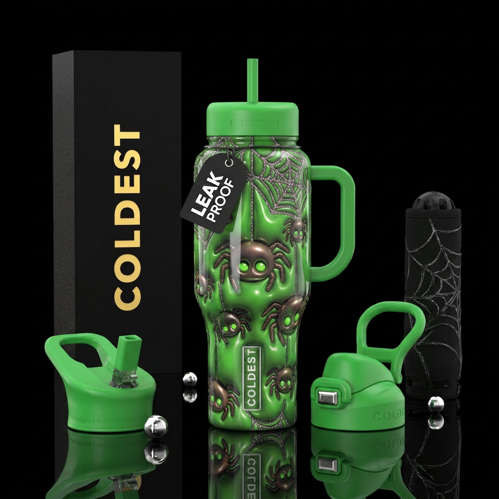 Cute spiders with green glowing eyes hanging from ... water bottle design