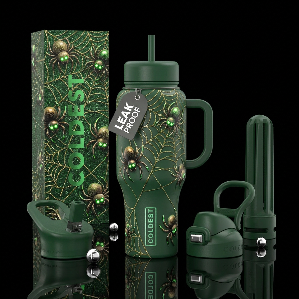 Cute spiders with green glowing eyes hanging from ... water bottle design