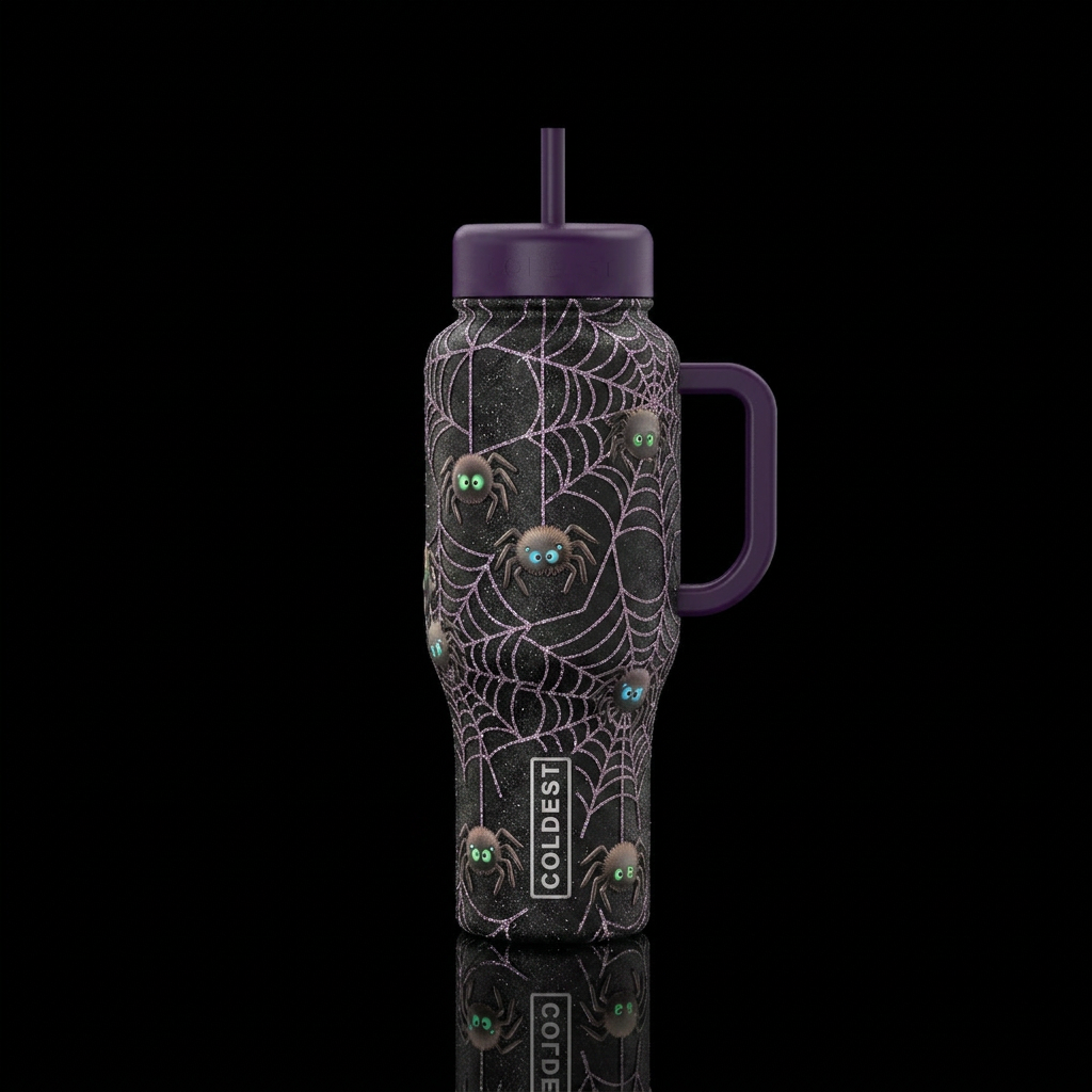 Cute spiders with green and blue glowing eyes hang... water bottle design