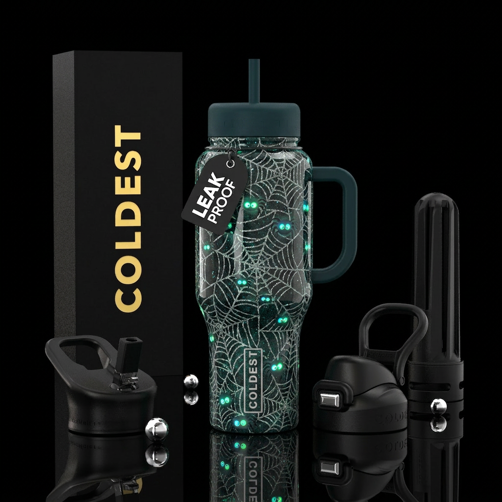 Cute spiders with green and blue glowing eyes hang... water bottle design
