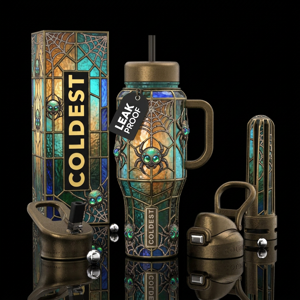 Cute spiders with green and blue glowing eyes hang... water bottle design