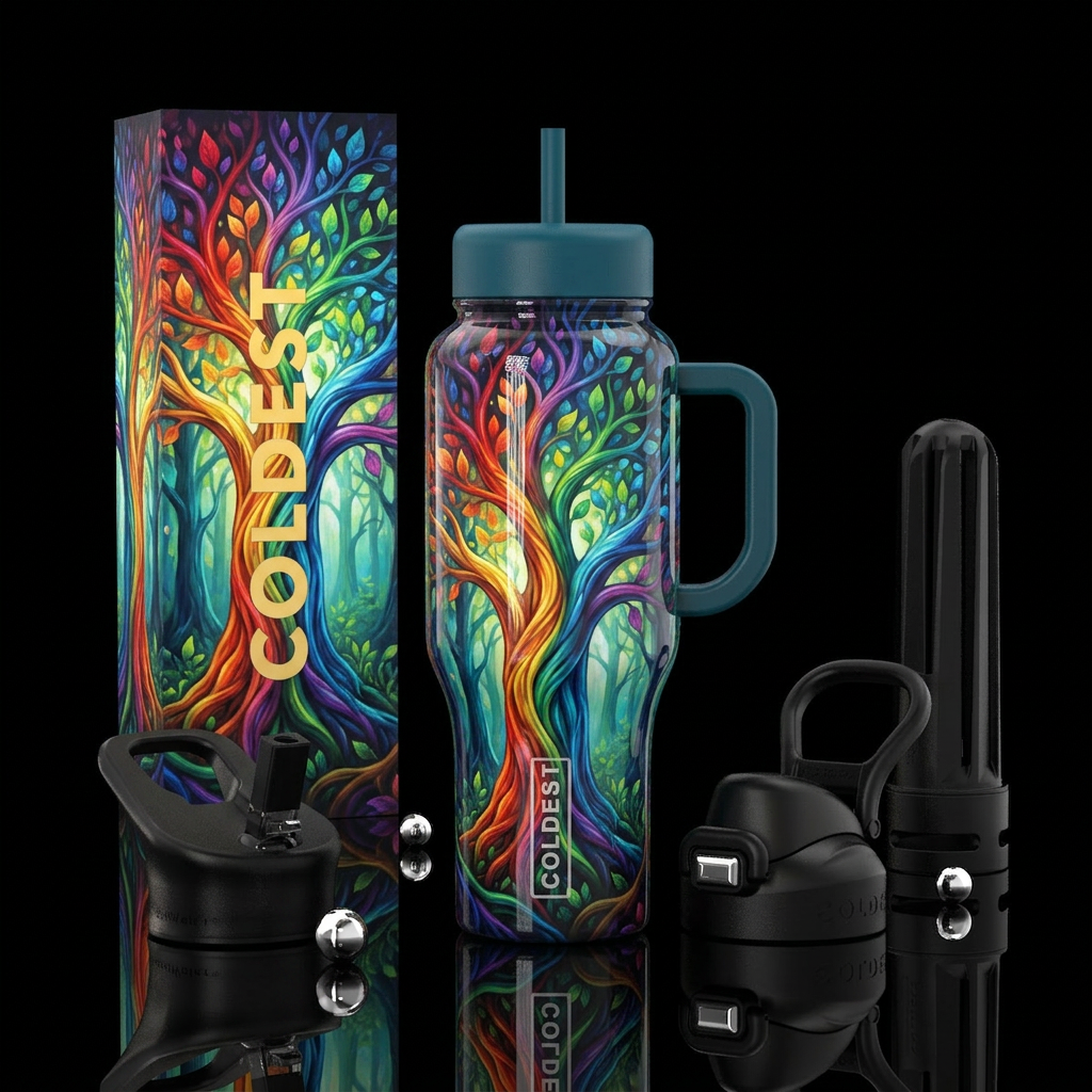 Rainbow trees, glossy, trompe-l'œil water bottle design