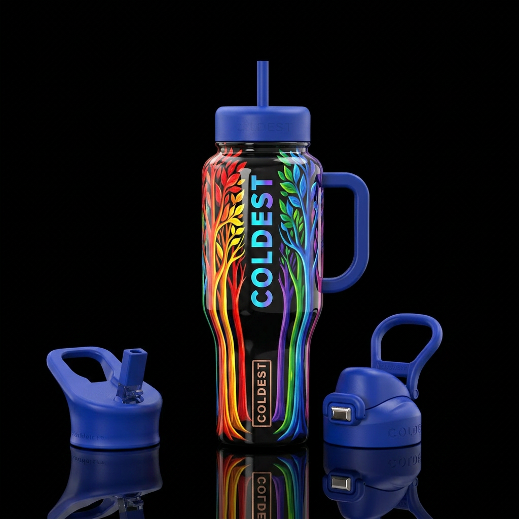 Rainbow trees, glossy, trompe-l'œil water bottle design